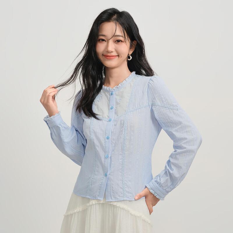 INMAN Women s Cotton French Ruffle Embroidered Long Sleeve Shirt M