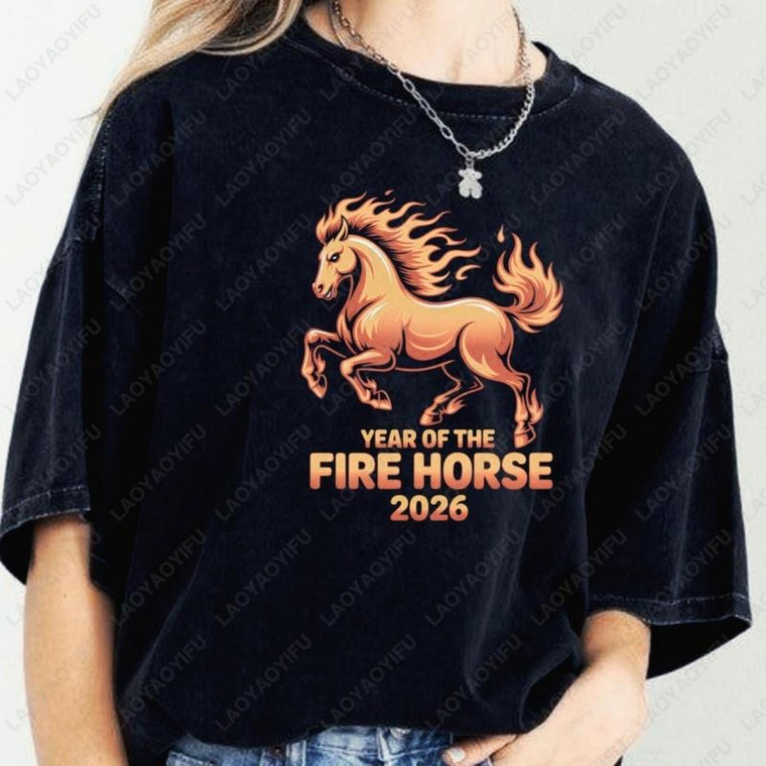 

Fire Horse 2026 Women Men Cotton Tees Chinese New Year Graphic Unisex Tshirt Hipster Street Fashion Streetwear Unisex Adult Tops XXXXXL чорний