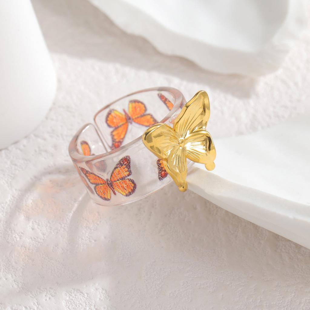 Stainless Steel Romantic Flower Butterfly Rings for Women  Coloful Adjustable Open Ring Daily Jewelry Gift Accessories