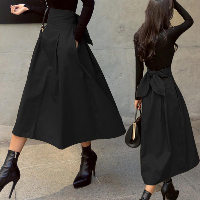 

Women s A-line Bowknot Skirts - Japanese & Korean, Spring/Autumn, Slimming High-waisted, Wide-hem Umbrella Style L чёрный