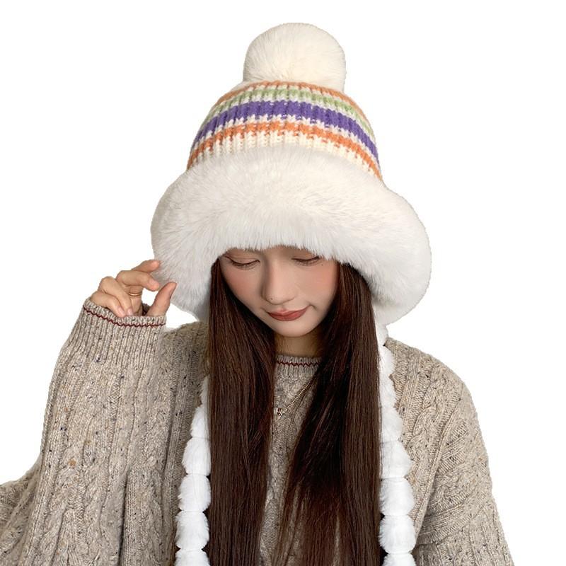 Striped Knitted Hat Women's Winter Velvet Thickened Wool Hat Warm Ear Protection Cold Hat Outdoor Riding Cold Hat