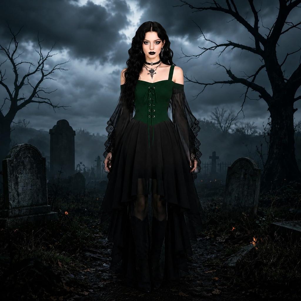 Women's Chiffon Off-Shoulder Gothic Dress with Butterfly Sleeves, Asymmetric Hem for Halloween
