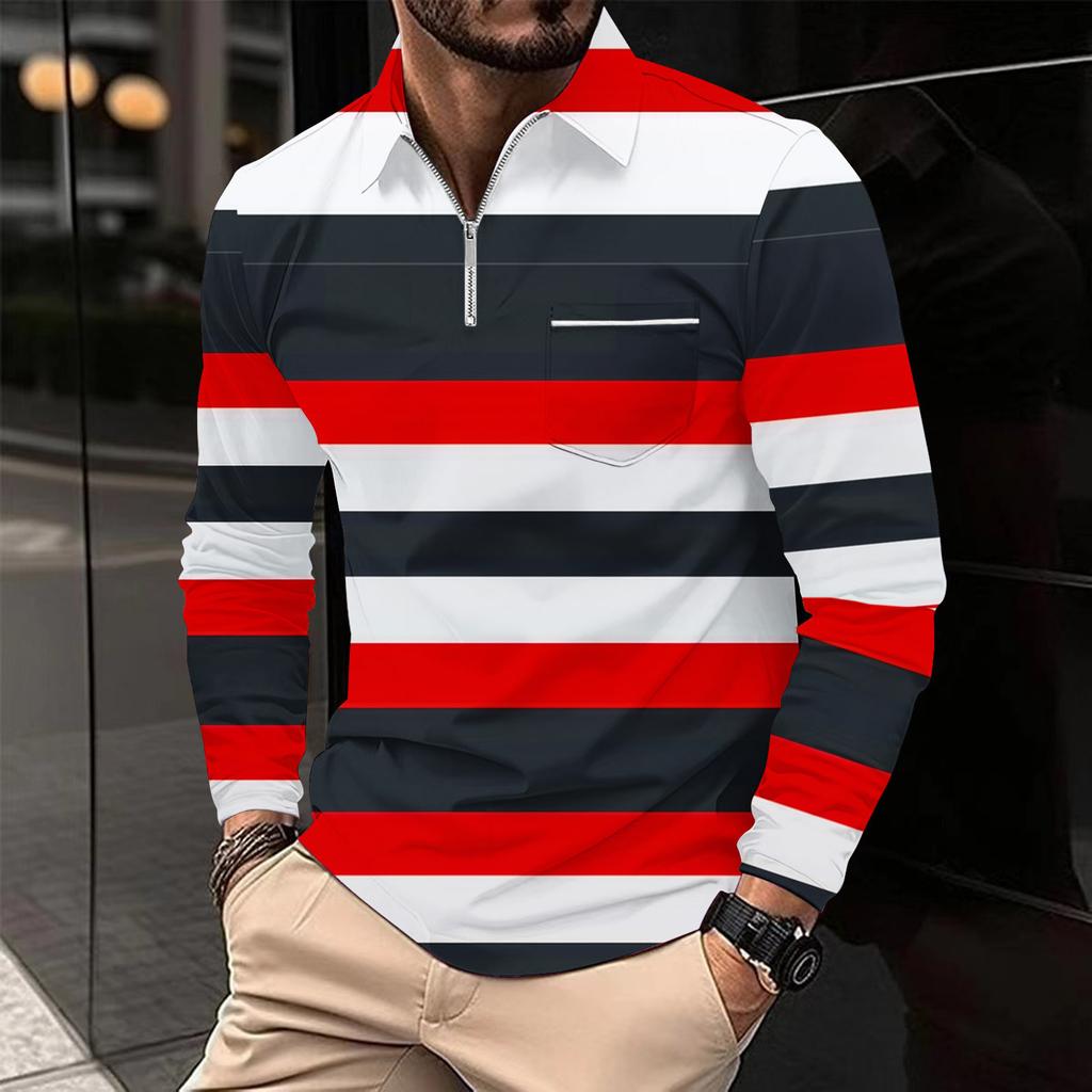 Fashion Polo Shirt Men's Printed Long Sleeve Zip Pocket Sports Polo Shirt Men's Striped Sweatshirt