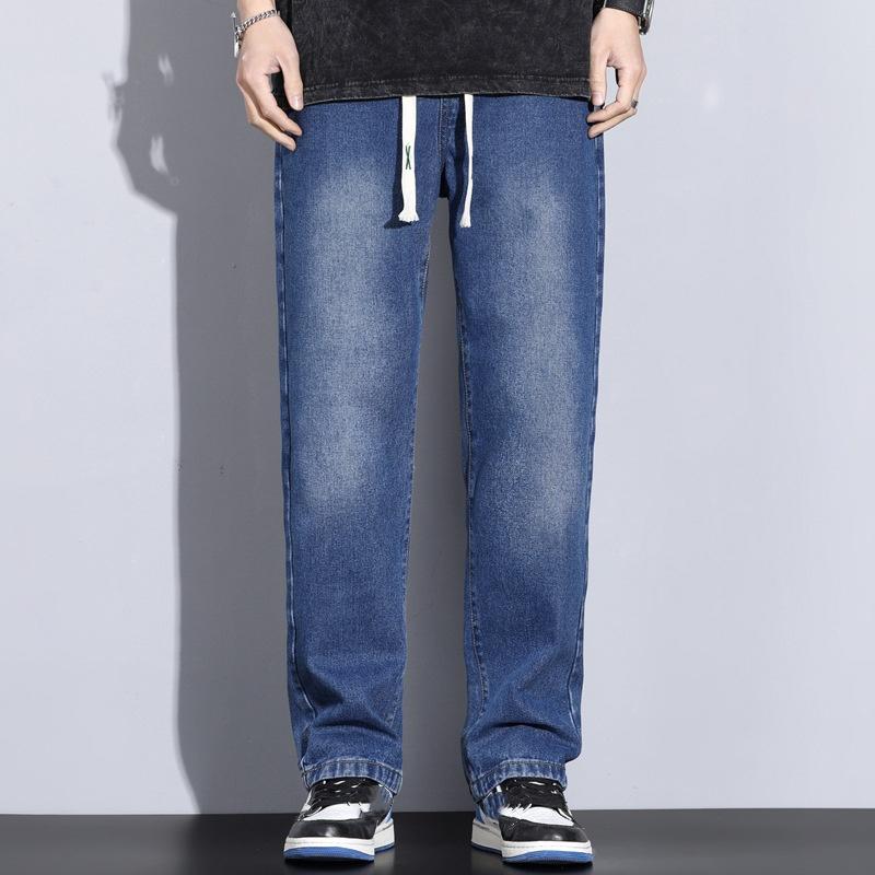 Spring Autumn Jeans Men Loose Straight Drawstring Elastic Waist Casual Denim Trousers Male Thick Pants Large Size M-5XL