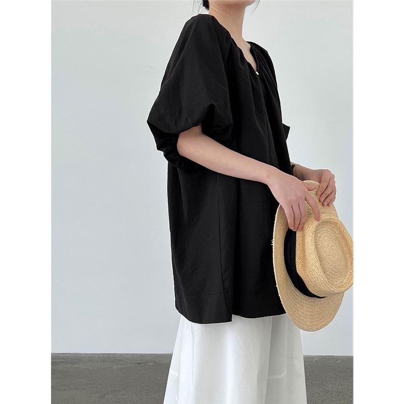 French V Neck Loose Puff Sleeve Shirt For Women Summer Reversible Cardigan Casual Top Loose Fit Blouse Comfortable Women's Shirt Stylish Top