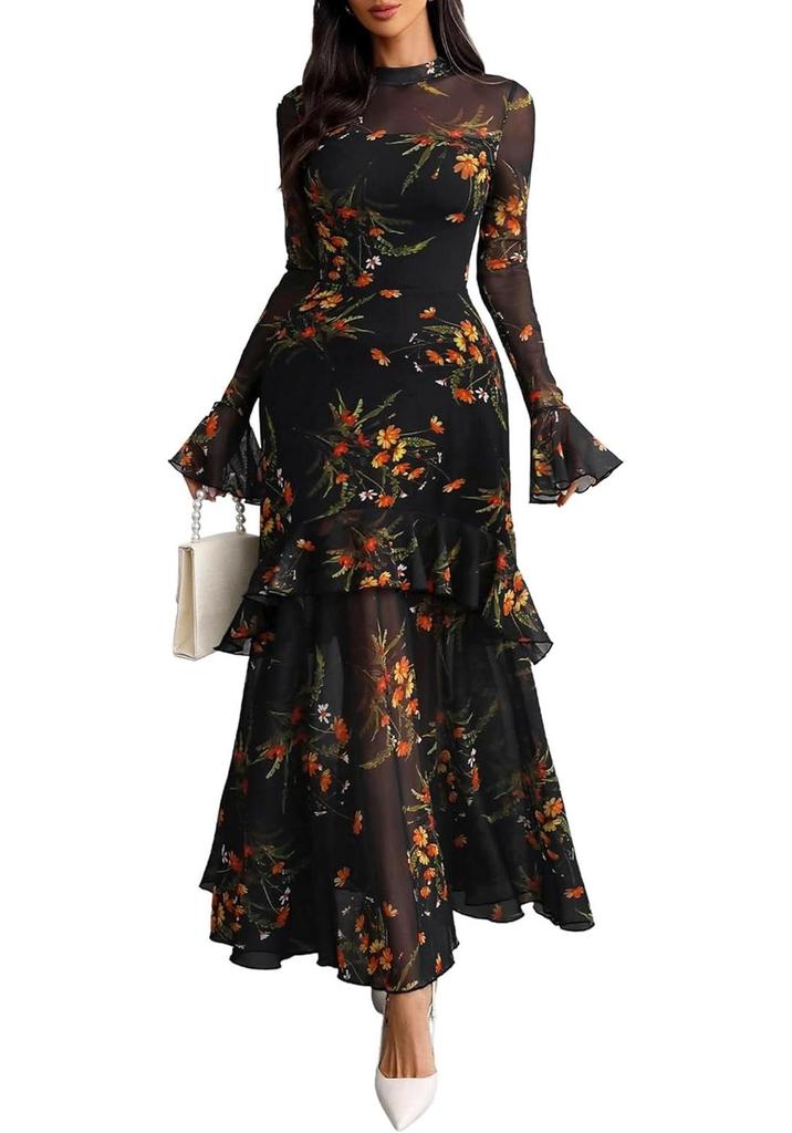 Abito da Donna Nero Floreale a Maniche Lunghe con Volant – Stile Europeo e Americano