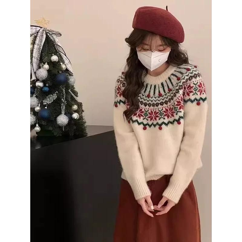 

Christmas New Red Sweater Women s Spring Thickened Crew Neck Knitted Inside Fair Island Vintage Jacquard Top XL