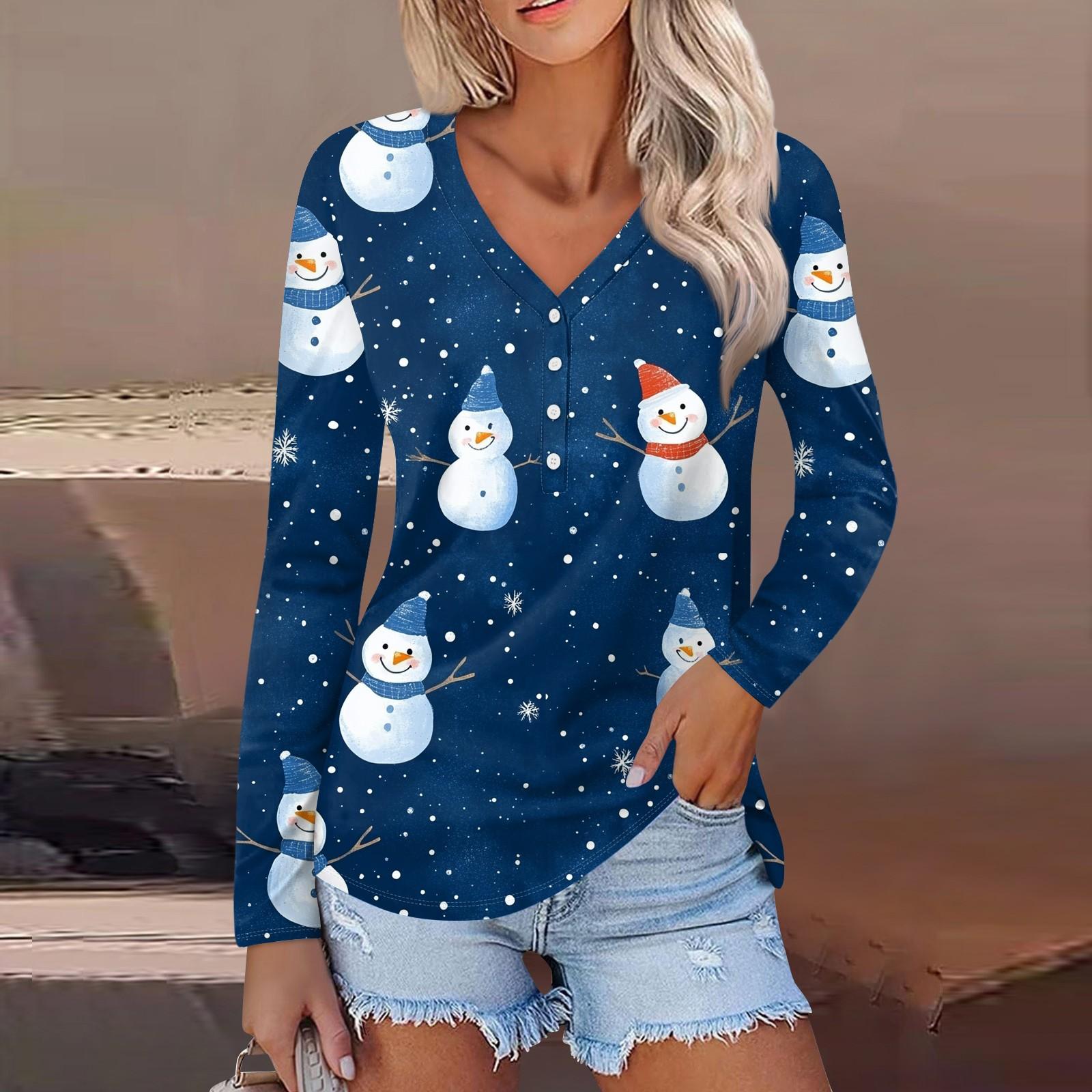 

Женская мода повседневная с длинным рукавом рождественский принт V-образный вырез на пуговицах L