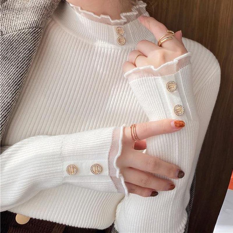 Semi High Neck Base Layer Women Autumn New Slim Fit Knit Top Versatile Lace Trim Sweater