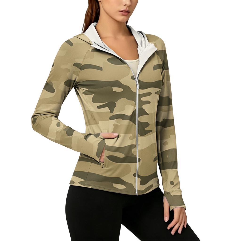 Leichte Kapuzenjacke mit Reißverschluss und Taschen für Damen, Langarm, Camouflage, Sonnenschutzjacke für Outdoor-Aktivitäten