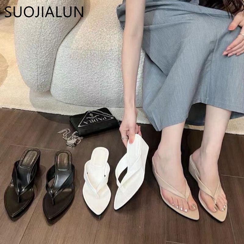 Fashion SUOJIALUN 2024 Summer New Brand Women Slipper Fashion Pointed Toe Slip On Flip Flop High Wedge Heel Ladies Beach Slides Shoes