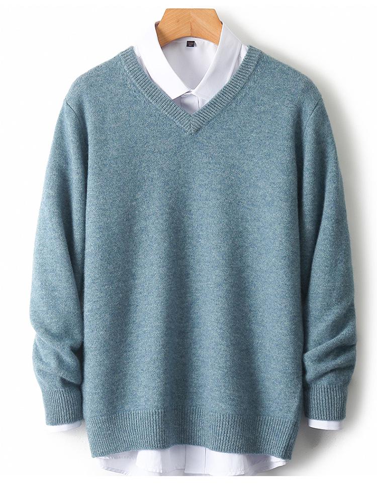 Men's 100% Wool V-Neck Sweater - Solid Color, Loose Fit, Long Sleeve Knitwear