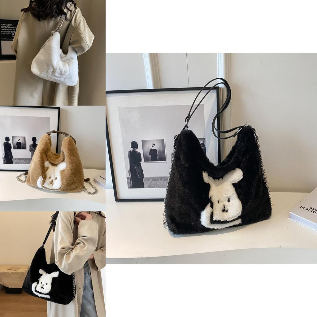 Adorable Plush Cartoon Tote Bag For Women Stylish Large Capacity Shoulder Bag For School And Daily Use In Black Khaki And Cream Colors