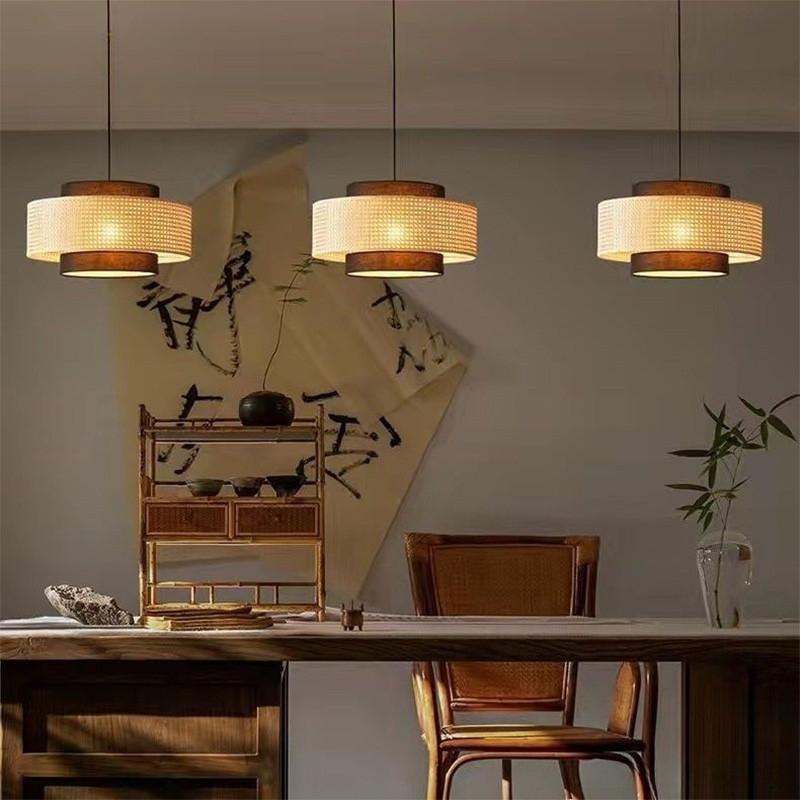 Vintage Japanese Style Pendant Light Living Room Decoration Woven Bamboo Chandelier Restaurant Kitchen LED Hanging Lamp