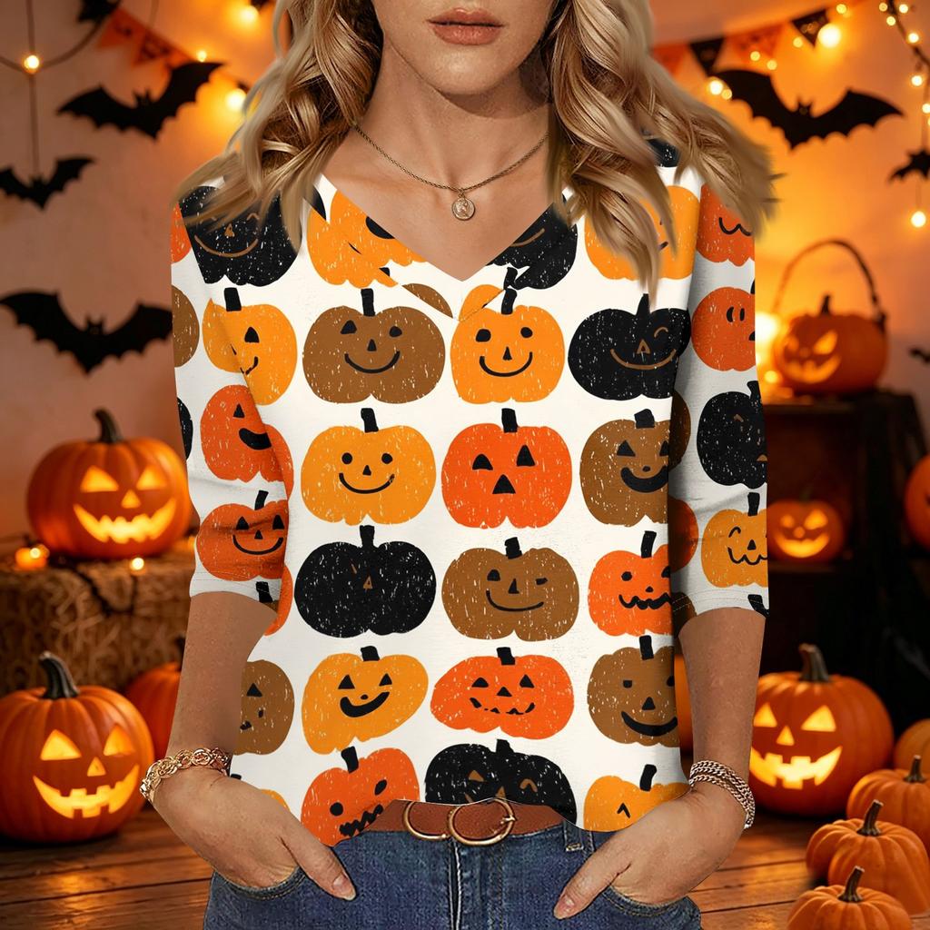 Damen Freizeit Halloween Aufdruck V-Ausschnitt Dreiviertelarm Oberteil Leicht Bequeme Passform Stilvolles Design für den Alltag