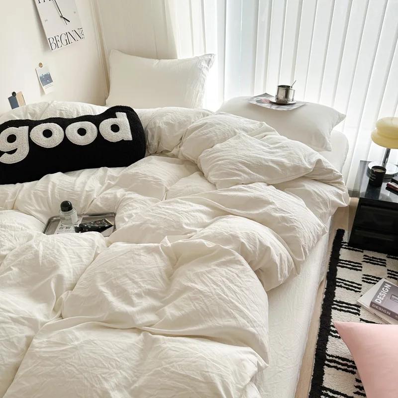 Washed Cotton Bed Linen Bedding Set 3/4 Pieces Bed Sheets Set Solid Color Comforter Cover Couple Queen King Size Bed Quilt Cover