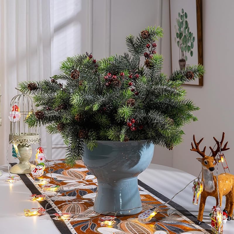 10PCS Artificial Pine Branches with Red Berry Pine Cones Artificial Pine Needles Branches Greenery Stems Fake Greenery Floral Arrangements