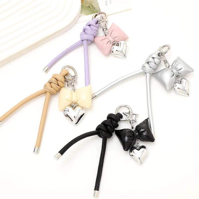 Korean Style Lovely Women Handbag Purse Mobile Phone Straps Charm Decoration Accessories Cute Braided Leather Heart Bow Keychain