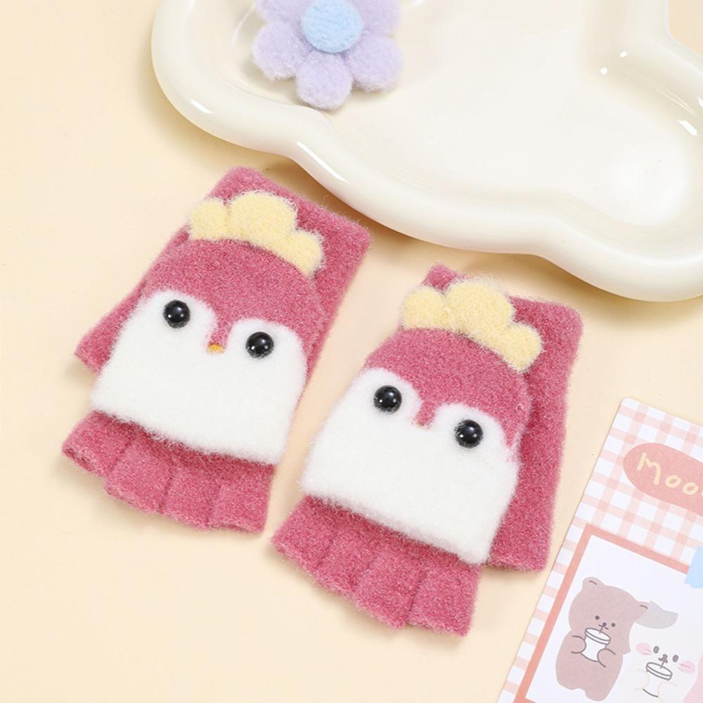Winter Warm Children's Knitted Gloves Plush Thickened Cold Proof Students Write Outdoor Half Finger Flip Open Convenient Gloves