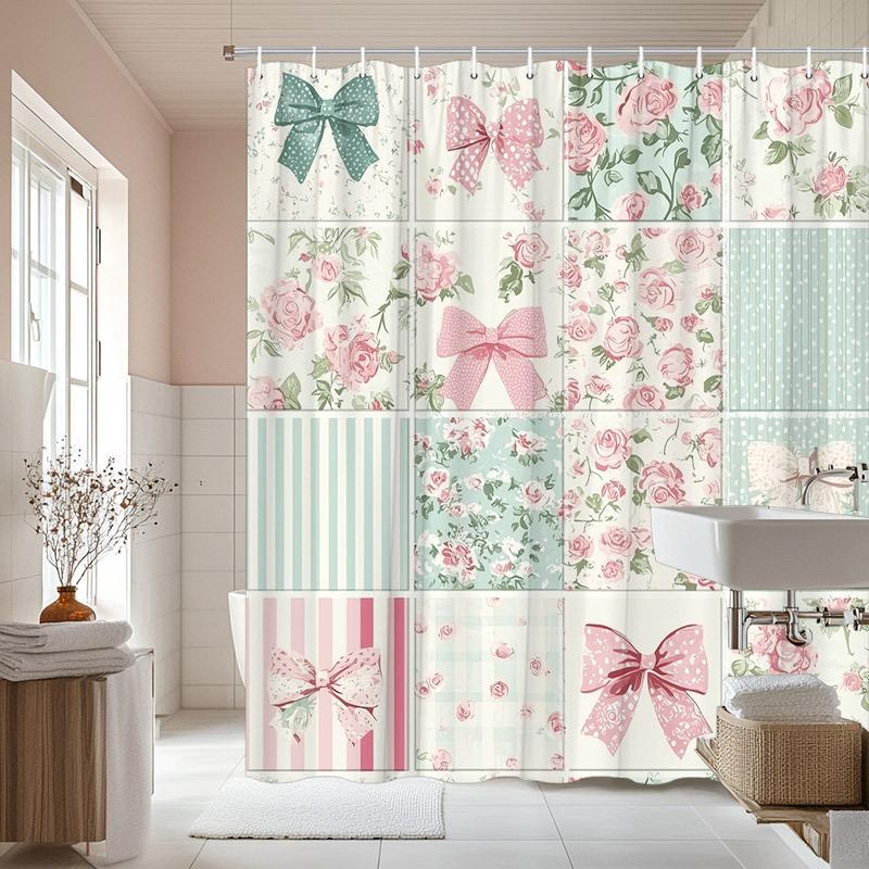 

1Pc Floral & Polka Dot Shower Curtain - Pink Roses & Green Leaves, Pastel Design, Polyester, 12 Hooks, Bathroom Decor W60H190(CM)-1 Pcs