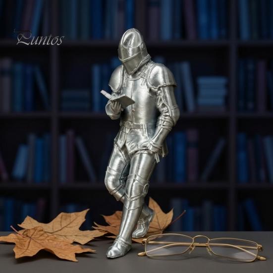 Relaxed Posture Knight for Collection Medieval Bookshelf Decor, Silver-Finished Armored Statue, Fantasy Home Bookend Library Office Desktop Ornament,