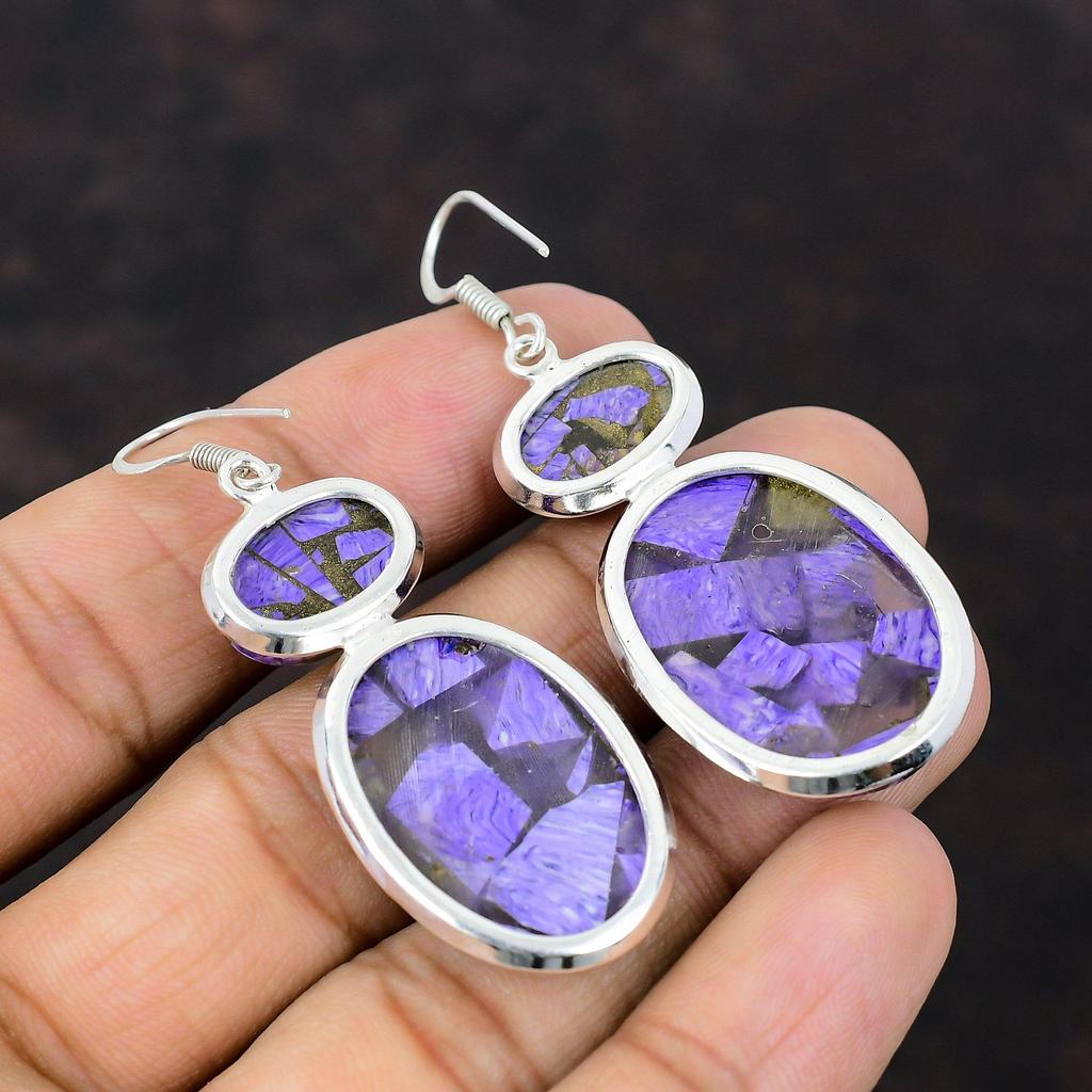 Kolczyki z miedzianego charoitu Kolczyki ze srebra próby 925 Prawdziwy kamień szlachetny Ręcznie robiony kolczyk Prezent dla dziewczyny Naturalna biżuteria z charoitu Zupełnie nowy kolczyk