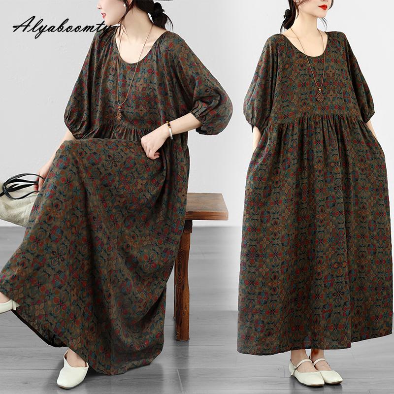 Korean Style Plus Size Summer Women Midi Dress O Neck Brown Floral Print Cotton Dress Vintage Lantern Sleeve Oversized Gown