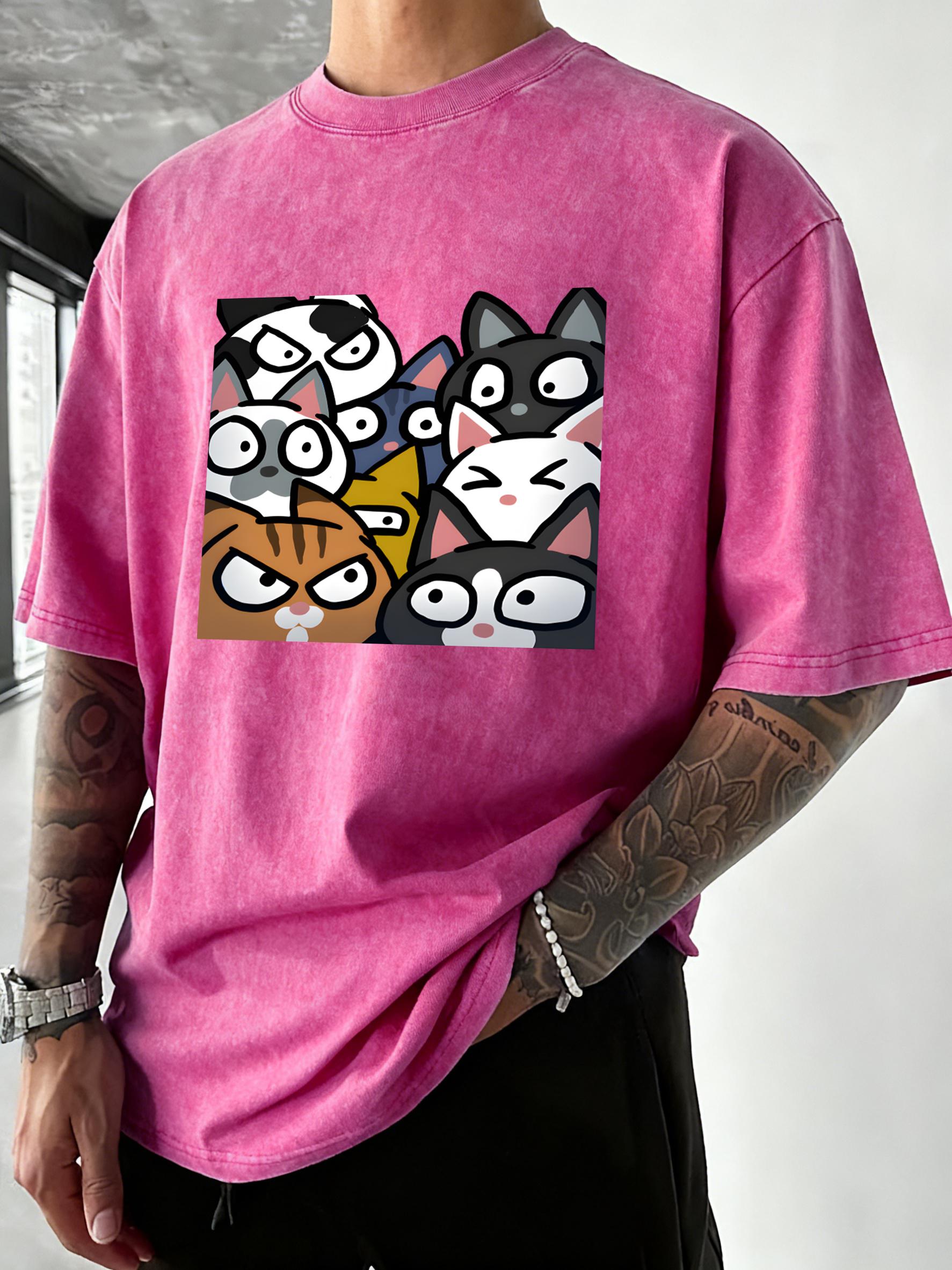 Angry Helpless Cartoon Cats Prints Men Washed TShirt Summer Hip Hop T Shirts Loose Cotton Clothing Breathable Sportswear S