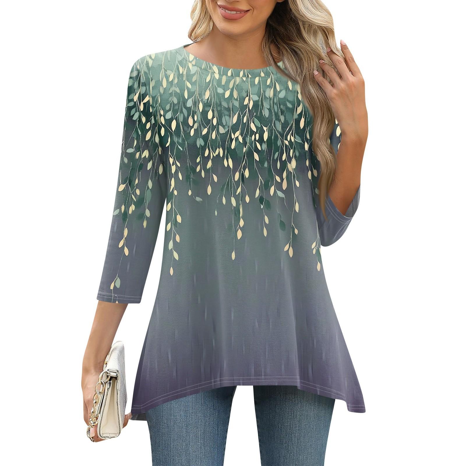 

3/4 рукав туника топы для женщин принтованный повседневный выходной свободный крой модная базовая футболка с круглым вырезом L зелёный