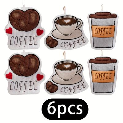 6pcs Ultra Compact Coral Fleece Coffee Cup Hand Towels Hangable, Super Absorbent Lint Free, Contemporary Style with Coffee Bean Latte Cup Designs,