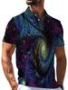 Men's Dark-Bottom Blue-Purple-Golden Cosmic Fractal Swirl Nebula Starry Sky Print Polo Shirt, Smooth Music Festival Street Vacation Top