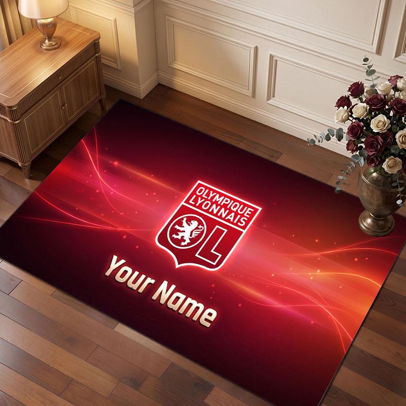 Lyon FC Custom Crystal Velvet Rug, Personalized Name Text Print, Football Logo Soft Non‑Slip Floor Mat Home Decor Gift