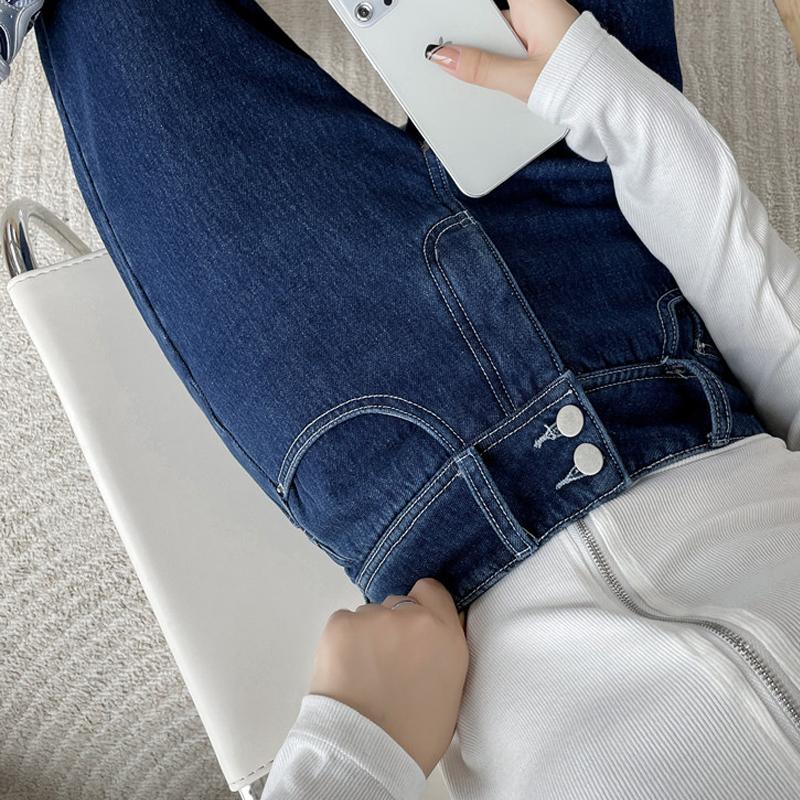 Vintage høy midje dame jeans vinter tykk varm Streetwear jeans med brede ben Dame dongeribukser Rett baggy mor dongeribukser