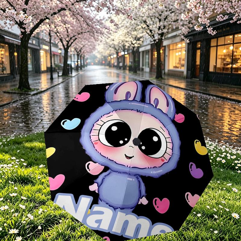 Custom Name Personalized Labubu Print Umbrella, Auto Open Close, 8‑Rib Sturdy Frame, Commute Camping Hiking Use, Birthday Gift