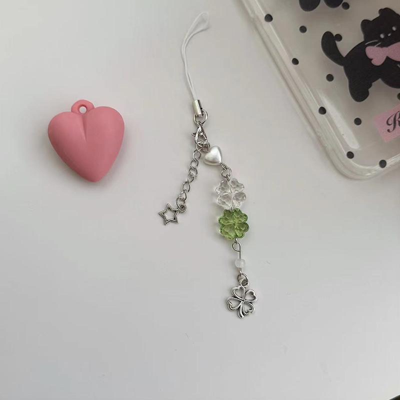 Lucky Four-Leaf Phone Chain Phone Case Phone Charm Pendant Mobile Lanyard Cute Beaded Cell Phone Strap Bag Keychain
