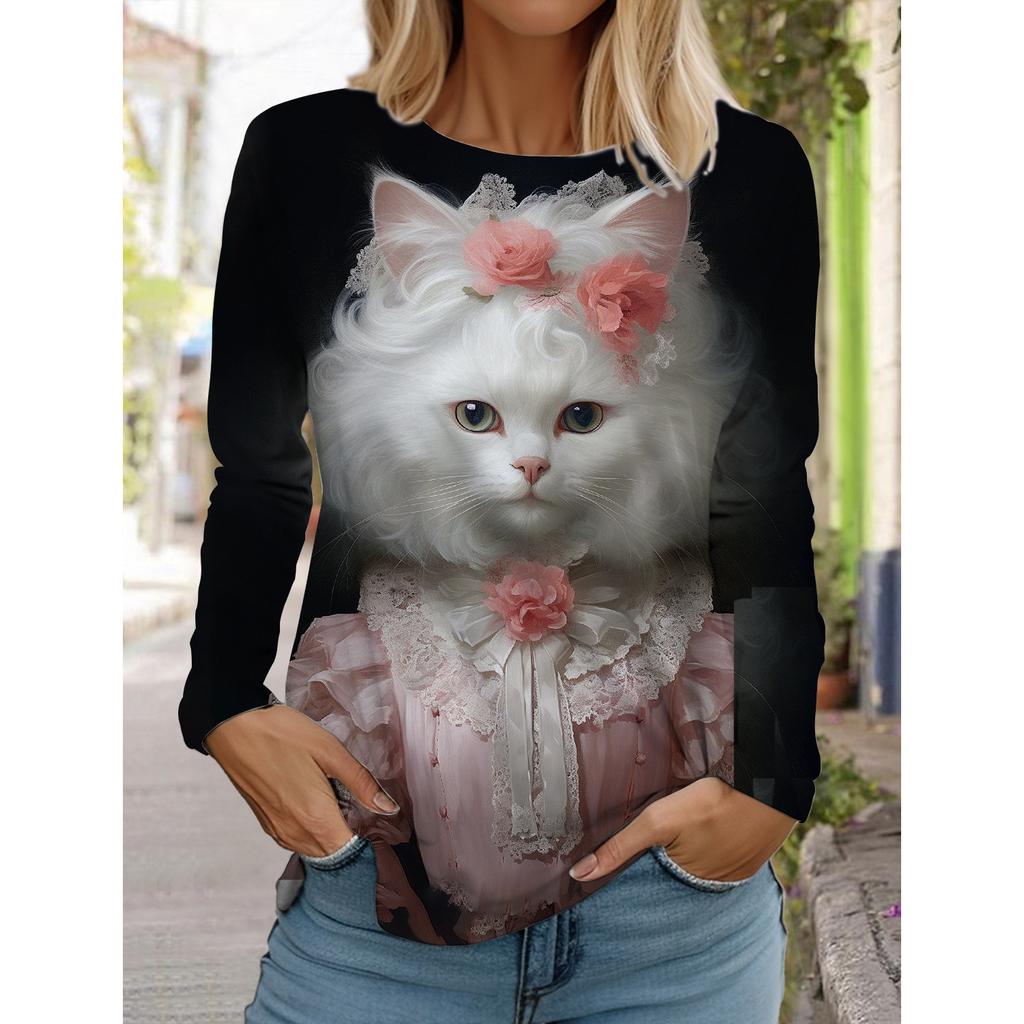2025 Autumn and Winter Women's Long Sleeve 3D Printed Cute Cat T-Shirt, Streetwear, Round Neck Long Sleeve