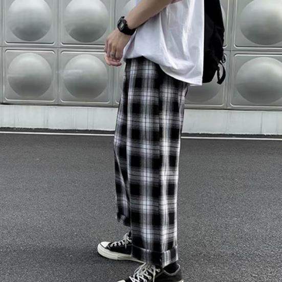 Men Pants Plaid Streetwear Wide Leg Elastic Waist Loose Sports Pants Trousers for Autumn