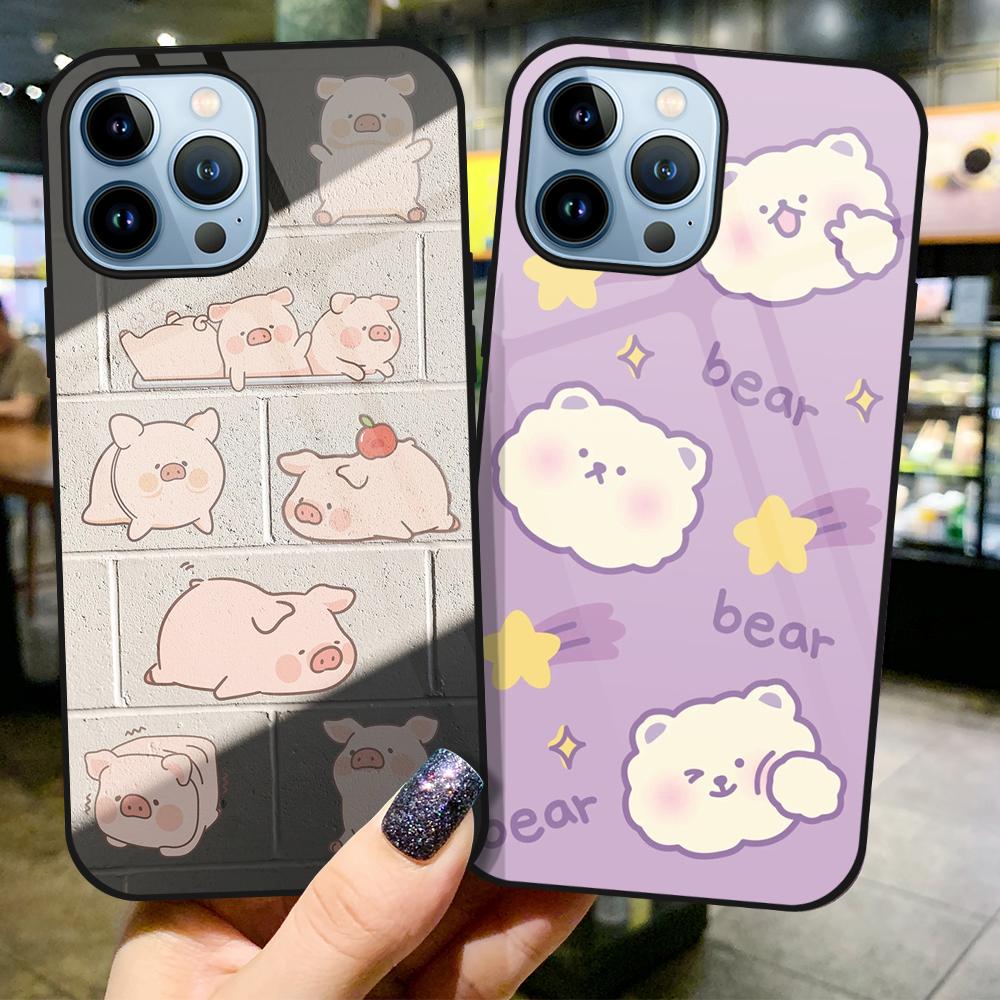 Cute Pig Case For Iphone 11 Pro Max 14 13 12 Mini Xs Xr X 7 8 6s Plus Se 2022 Luxury Tempered Glass Cover Protection Shell