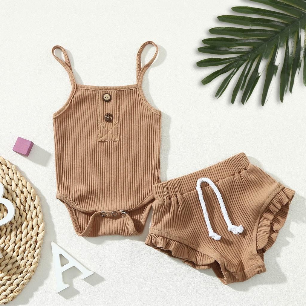 Noworodek Baby Girl Strap Solid Romper Tops Spodenki Zestaw letnich strojów