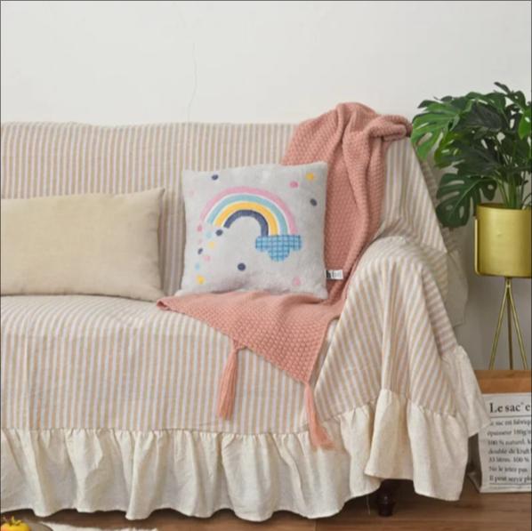 

Cotton Linen Bamboo-like Spots Ruffle Couch Cover Washable Durable Sofa Covers for 3 Cushion Couch Sofa, Loveseat, 2, 3 Seater Home Decor Pet Friendly 100*160cm бежевый