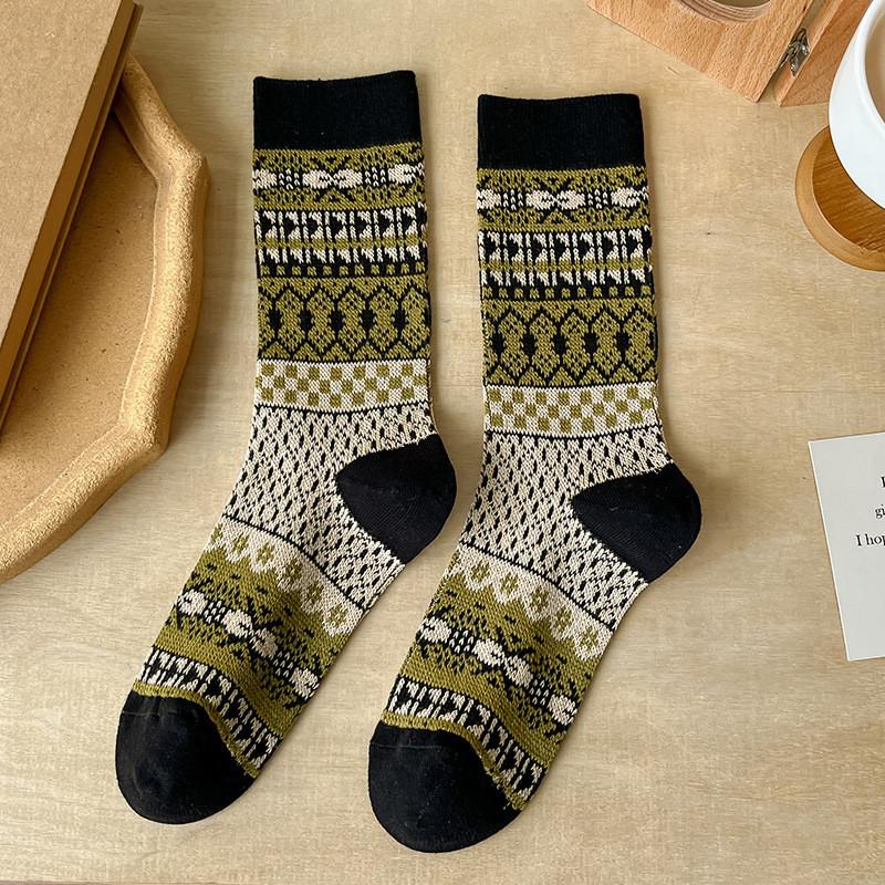 

Носки в этническом стиле для детей, средней длины, осенние, длинные, модные, британские, ретро, хлопковые, зимние, двухрядные, ворсистые носки One size fits all чёрный