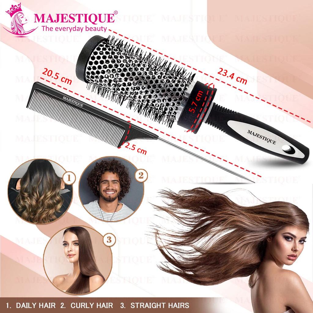 Majestique Blow Dryer Brush & Tail Comb Combo - 2-Inch Professional Ionic Round Brush for Fast Drying, Curling & Styling | Roller Hair Brush with Ta