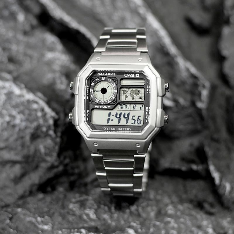 Casio Custom Collection AE 1200WHD 1A Electronic Movement Metal Strap Watch Unisex Black Dial AE-1200WHD-1A(Watch4--)