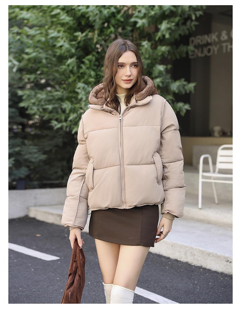 Short Cotton-padded Jacket With Imitation Mink Fur Hood