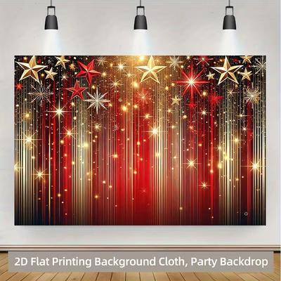 2D Flat Red Gold Streamer & Star Backdrop, Shiny New Year Party Photo Background Cloth