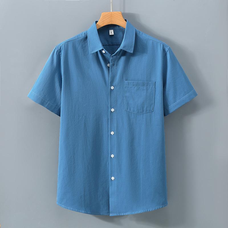 Korean Mens Short Sleeve Shirt Daily Summer Tops Pocket Solid Color Turn-down Collar 100Cotton Casual Shirts Simple Style Clothing