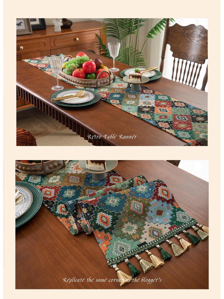 Imanqi Yun Retro Colorful Jacquard Diamond Geometric Tassel Table Runner