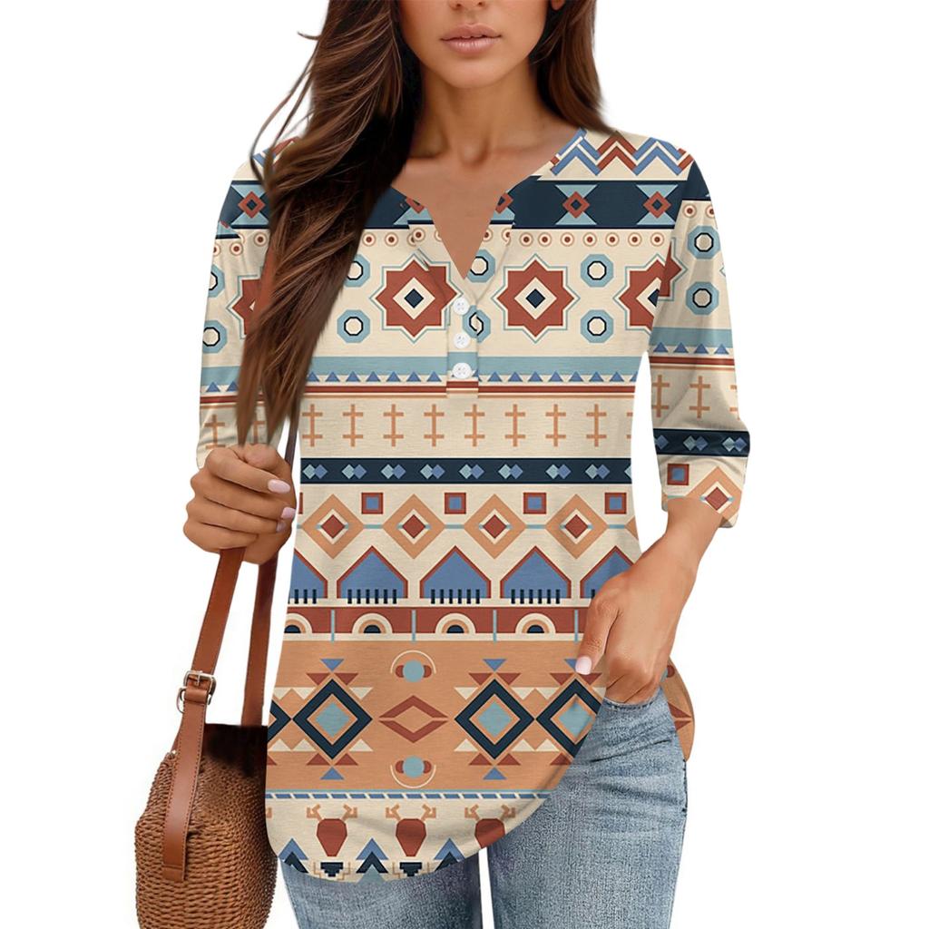 Damen V-Ausschnitt Freizeit Dreiviertelarm Knopf-Detail Top mit Blumenmuster