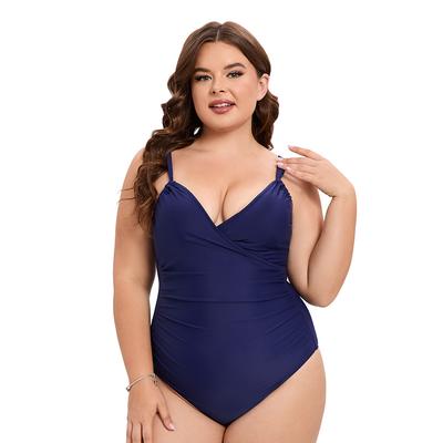 Women's Plus Size Solid Color Nylon One-Piece Swimsuit with Wrap Front Design – XL To 5XL, Tummy Control Beachwear