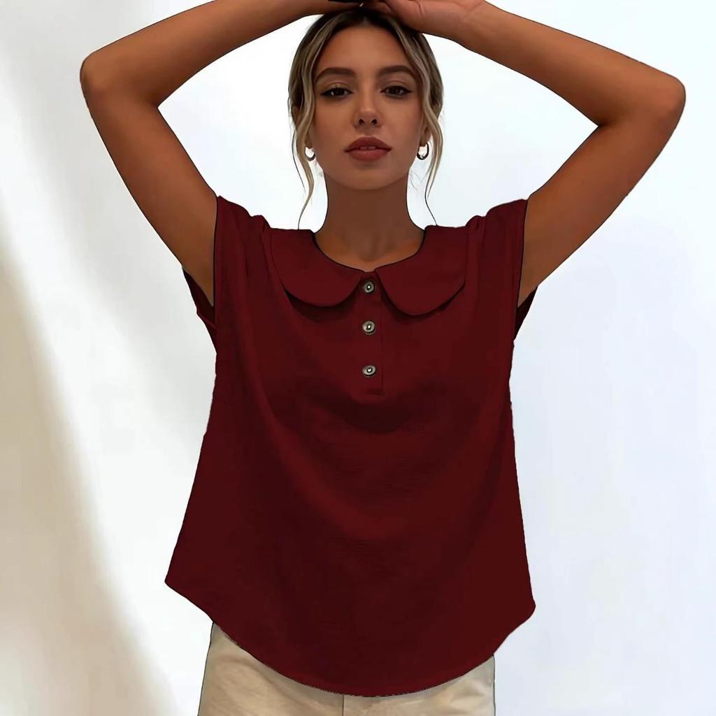 Summer Solid Color Short Sleeve Lapel Button Women's Shirt Blouse, European & American Style Crossbody Women's Top for JOOM Leisure